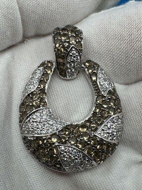 Sterling Silver Pavé Pendant– Smoky Brown & Clear CZ, 925- STUNNING Pendant! EUC